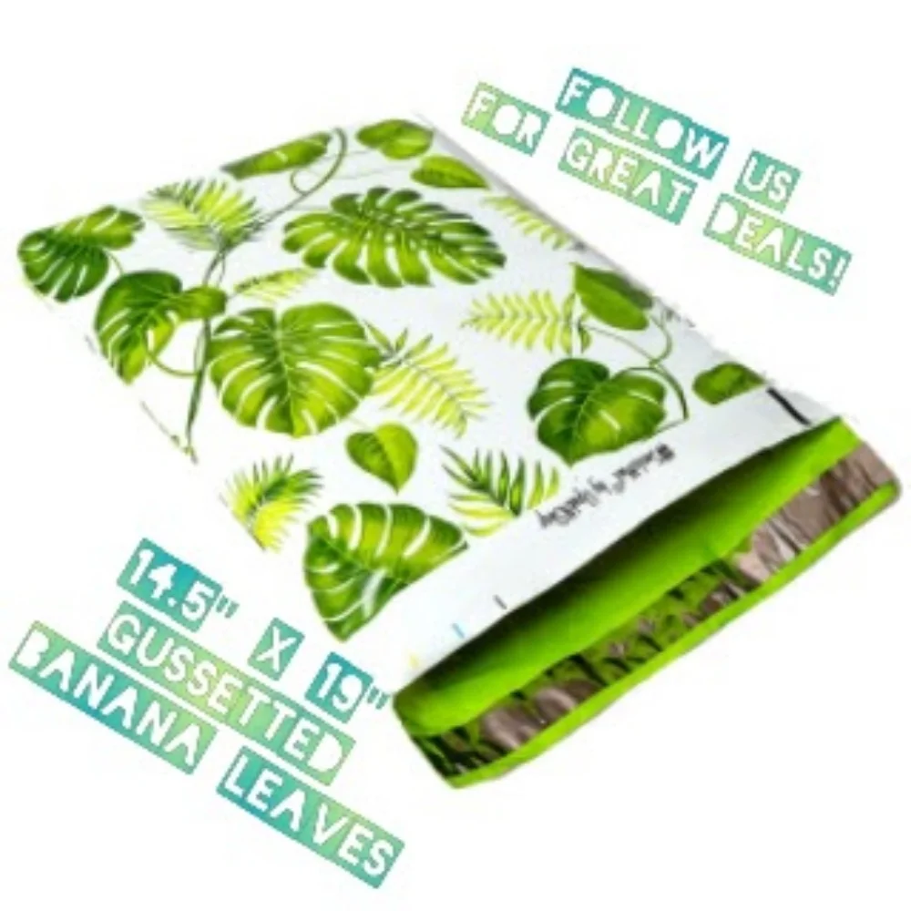 100 Banana Leaves Gussetted Poly Mailers 14.5x19x4